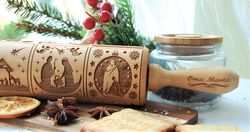 Nativity engraved rolling pin Embossed dough roller Carved mold Biblical stories Christmas cookies Christmas gift