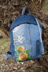 Blue Jean Embroider Patchwork Backpack Schoolbag Denim Travel Bag Rucksack