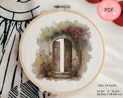Cross Stitch Pattern,Cozy Door With Flower ,PDF Instant Download , Nature Landscape , Needlepoint,Watercolor
