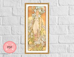 Lily Cross Stitch Pattern,The Flowers Lily By Alphonse Mucha,Pdf,Instant Download,Full Coverage,Art Nouveau