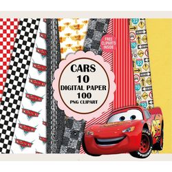 13 Cars Digital Paper Clipart, Lightning McQueen Cars Printable Scrapbook Paper, Cars Clipart, Cars Png