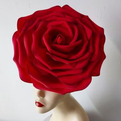 3D Red rose fascinator Kentucky Derby Race Bridal headdress Wedding blossom hat Lady in red Wonderland flower, hair clip