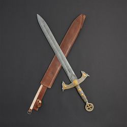 new engraved swords custom handmade damascus steel dagger hunting swords with leather sheath  forget swords mk3686m