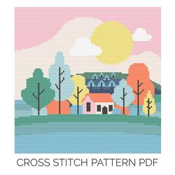 Natural Landscape Illustration Cross Stitch Pattern | Counted Cross Stitch Pattern | Punto De Cruz | Point De Croix