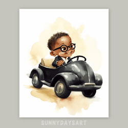 Cute black boy poster, cute black baby boy rides a car, nursery decor, printable art, watercolor art for boys room