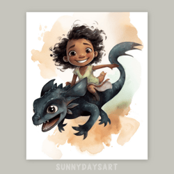 Cute black girl poster, cute black girl flies on the dragon, nursery decor, printable art, watercolor art for girls room
