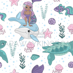 OCEAN TALE Mermaid Girl Seamless Pattern Vector Illustration