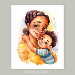 Cute black boy poster, black baby boy hugging mom, nursery decor, printable art, watercolor art, art for boys room