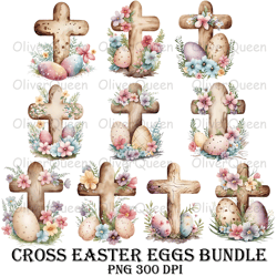 Cross Easter Eggs Bundle, Easter Eggs PNG, Flowers PNG