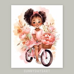 Cute black girl poster, cute black girl rides a bike, peony, nursery decor, printable art, watercolor art for girls room