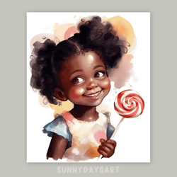 Cute black girl poster, black baby girl with big candy, peony, nursery decor, printable , watercolor art for girls room