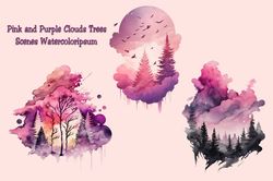 Pink and Purple Clouds Trees Scenes Watercolor PNG