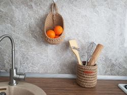 Kitchen gift set: wall pocket and desk organizer. RV storage. Boho Hanging basket for fruit, vegetable