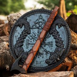 Medieval Wooden Viking Shield, Handmade Warrior Armor, 24 Inch Round Shield, Viking Axe, Premium Quality Shield