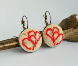 Red heart earrings, Cross stitch romantic jewelry, Handcrafted valentine gift