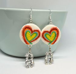 Rainbow heart embroidered earrings Cross stitch romantic jewelry with couple charm Handcrafted dainty gift for her