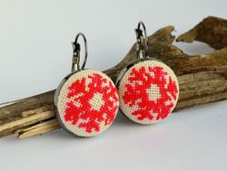 Red snowflake embroidered earrings, Cross stitch jewelry, Handcrafted christmas gift for girlfriend