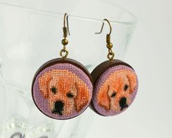 Labrador embroidered earrings, Cross stitch jewelry for dog lover, Handcrafted birthday gift for women