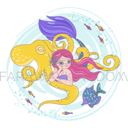 OCTOPUS FRIEND Mermaid Cartoon Travel Vector Illustration Set