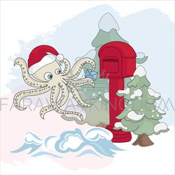 OCTOPUS MAIL Underwater Santa Cartoon Vector Illustration Set