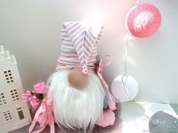 pink and grey plush gnome stuffed doll, gnome striped hat