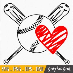 Baseball Heart Svg, Baseball Love Svg, Baseball Monogram, Crossed Baseball Bats. Vector Cut file for Cricut, Silhouette,