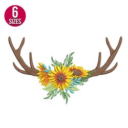 Deer Antlers with Sunflowers embroidery design, Digital download, Instant download