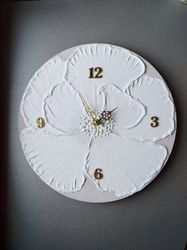 Round Wall Clock with white flower on gray background CHRISTMAS Gift Mother's Day Gift Silent Clock Wedding gift
