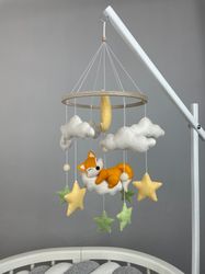 Baby mobile fox moon clouds stars. Neutral mobile crib felt handmade mobile