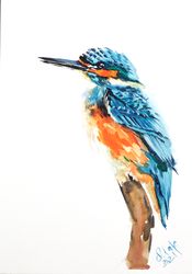 Kingfisher Painting Bird Original Watercolor Bird Lover Wall Art 12x8''