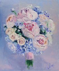 Peony Bouquet Painting Rose Original Wall Art Wedding Flower Oil Painting 12x10''