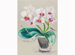 Orchid Painting White Floral Original Wall Art Flower Oil Pastel Artwork 12x8''