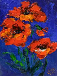 Red Poppy Oil Painting Floral in Vase Original Art California Poppy Oil Painting Small Artwork 9.5x7''
