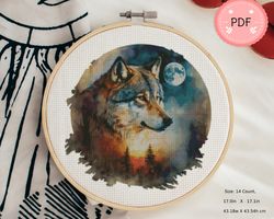 Cross Stitch Pattern,Wolf And Moon, Instant Download,Rural Landscape,X Stitch Chart,Watercolor,Wild Life,Forest