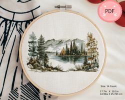 Cross Stitch Pattern,Watercolor Lake And Trees,Pdf Format,Instant Download,Rural Landscape,X Stitch Chart,Forest Scene