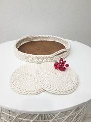 Serving tray 2 napkins Serving dish Crochet coaster Coffee tray Table decoration Cotton tray Gift