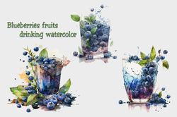 Blueberries Fruits Drinking Watercolor