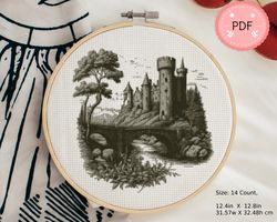 Cross Stitch Pattern ,Castle By River , Medieval Castle, Pdf Instant Download ,Black And White,Landscape,Nature Scene