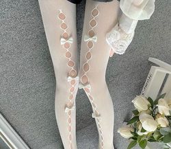 White tights bows holes front seam fishnet lace pantyhose design womens tights cute doll coquette