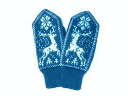 Women's mittens of merino wool hand knitted Scandinavian mittens with deer turquoise Christmas mittens gift for Her