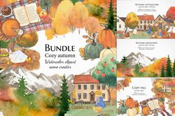 Watercolor cozy autumn bundle, fall pumpkins and leaves clipart