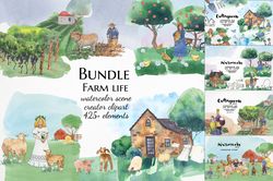Farm life bundle, cottagecore clipart, Watercolor animal illustration, garden vineyard landscape clip art