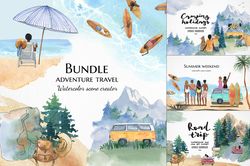 Adventure travel clipart bundle, Watercolor summer set