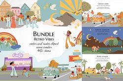 Retro vibes bundle, Groovy hippie clipart, Summer scene vector illustration, Mountain landscape background creator