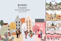 Four Seasons Bundle, spring, summer, autumn, and winter scene creator illustrations clipart