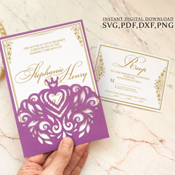 Wedding invitation SVG template, crown heart lace 5x7 pocket envelope for Cricut, Laser Cut, papercut, Cameo svg dxf ai