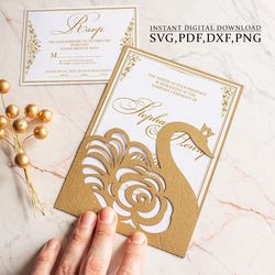 Wedding invitation SVG template, Swan lace 5x7 pocket envelope for Cricut, Laser Cut, papercut, Cameo (svg dxf ai cdr)