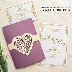 Wedding heart invitation SVG template, heart lace 5x7 pocket envelope for Cricut, Laser Cut, papercut, Cameo svg dxf ai