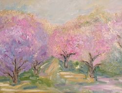 Golden Garden Original Oil Painting Blooming Apple Trees Oil Painting Blossom Wall Art Garden of Angels Oil Painting