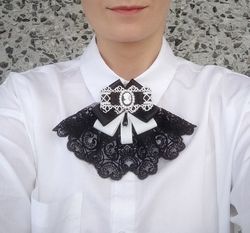 Victorian goth jabot black white Bow tie brooch with cameo for women